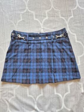 MT Blue Plaid Pleated Mini Skirt with Star Accent Belt